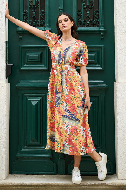 Yumi Multicolour Floral Patchwork Print Midi Shirt Dress - QHA UK