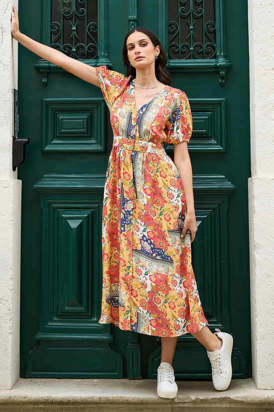 Yumi Multicolour Floral Patchwork Print Midi Shirt Dress - QHA UK