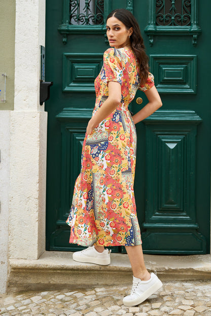 Yumi Multicolour Floral Patchwork Print Midi Shirt Dress - QHA UK