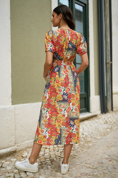 Yumi Multicolour Floral Patchwork Print Midi Shirt Dress - QHA UK