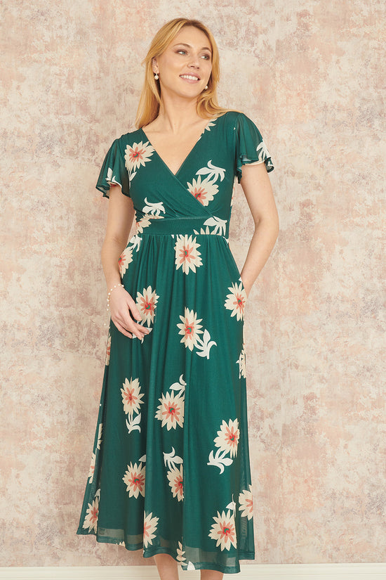 Yumi Green Mesh Flower Wrap Midi Dress With Pockets - QHA UK