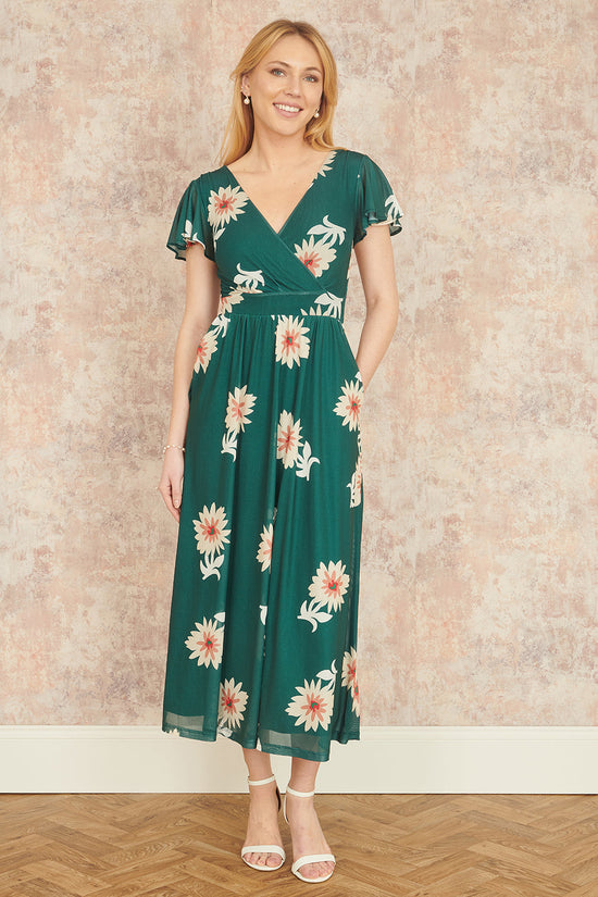 Yumi Green Mesh Flower Wrap Midi Dress With Pockets - QHA UK