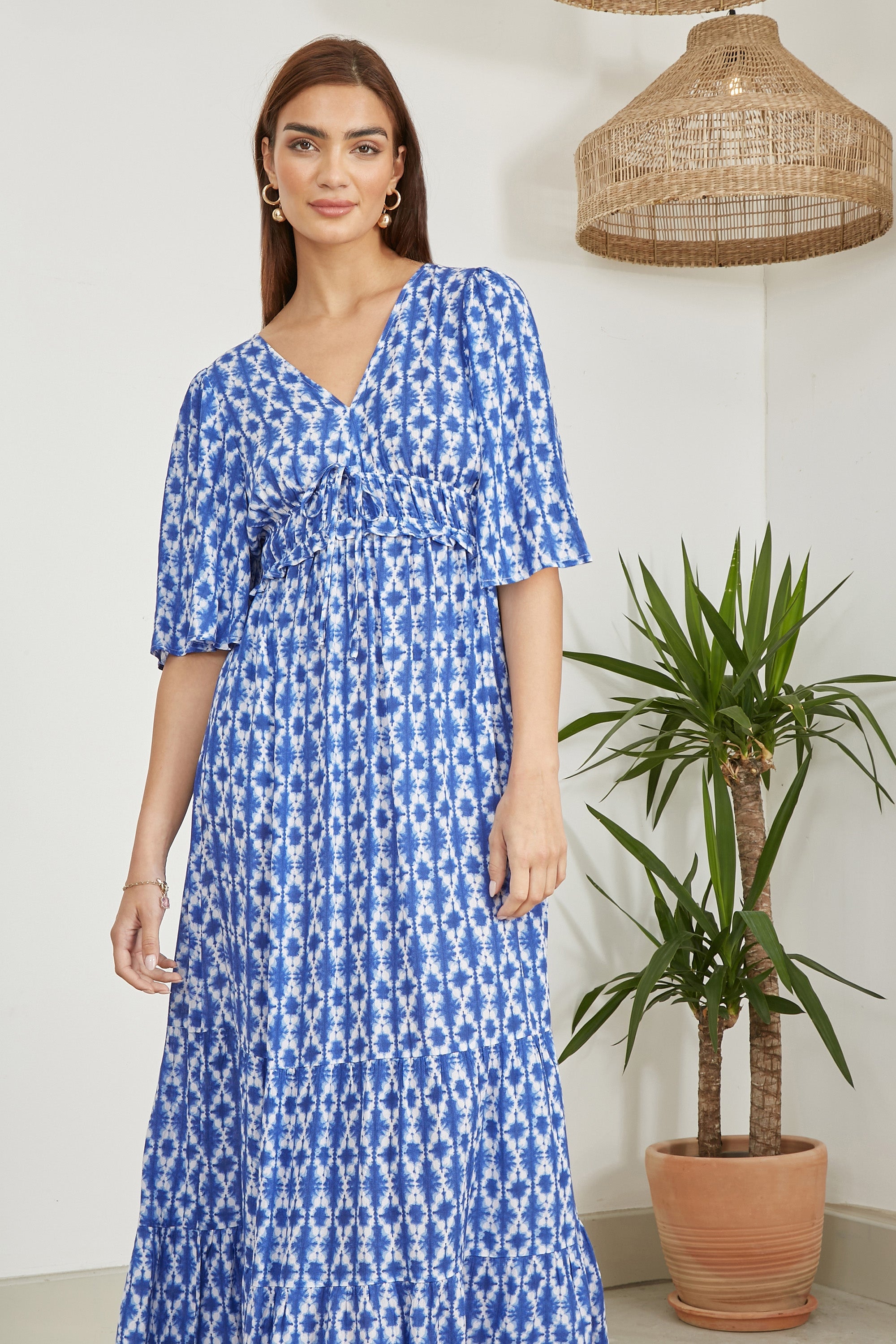 Yumi Blue Aztec Print Maxi Dress With Cross Over Back - QHA UK