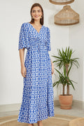 Yumi Blue Aztec Print Maxi Dress With Cross Over Back - QHA UK
