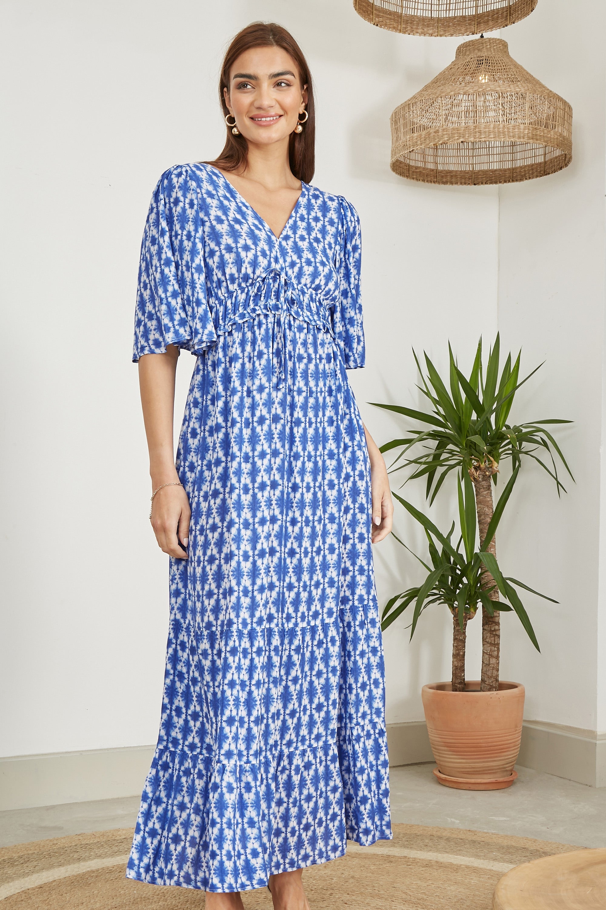 Yumi Blue Aztec Print Maxi Dress With Cross Over Back - QHA UK