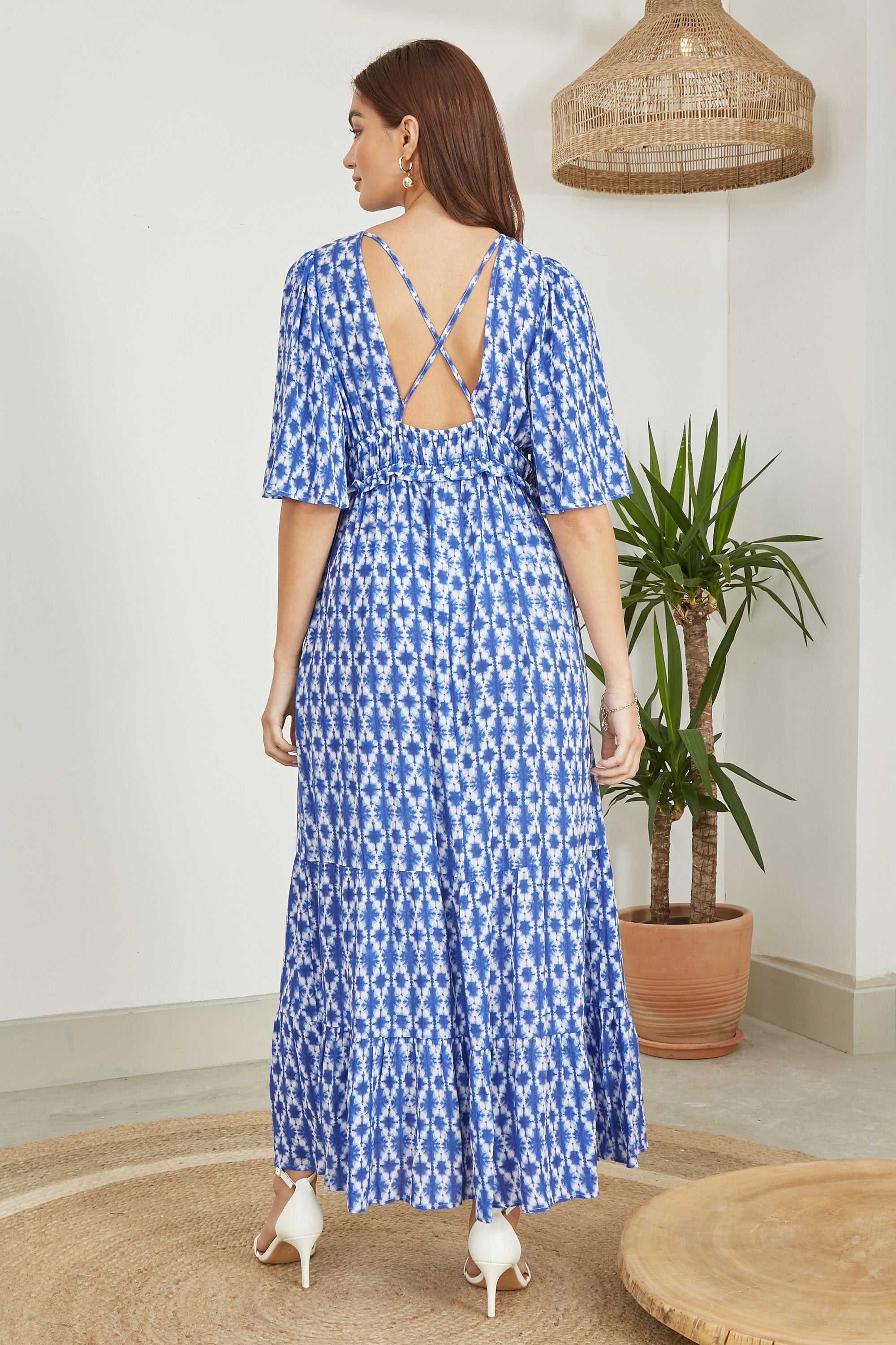 Yumi Blue Aztec Print Maxi Dress With Cross Over Back - QHA UK