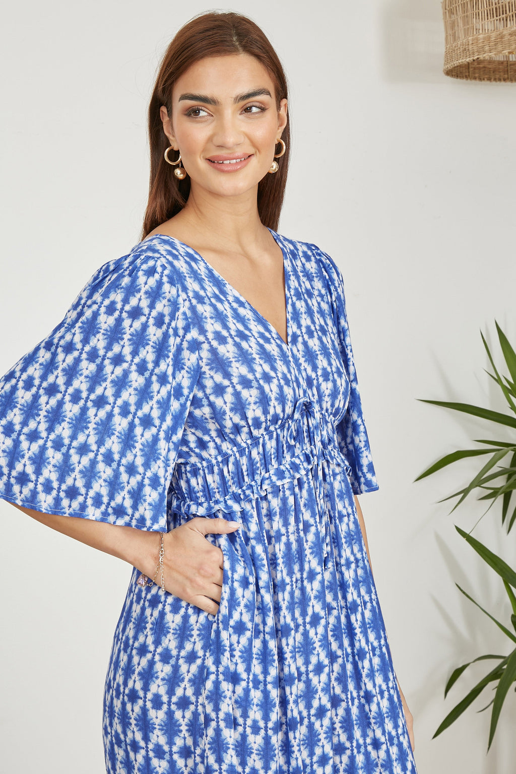 Yumi Blue Aztec Print Maxi Dress With Cross Over Back - QHA UK