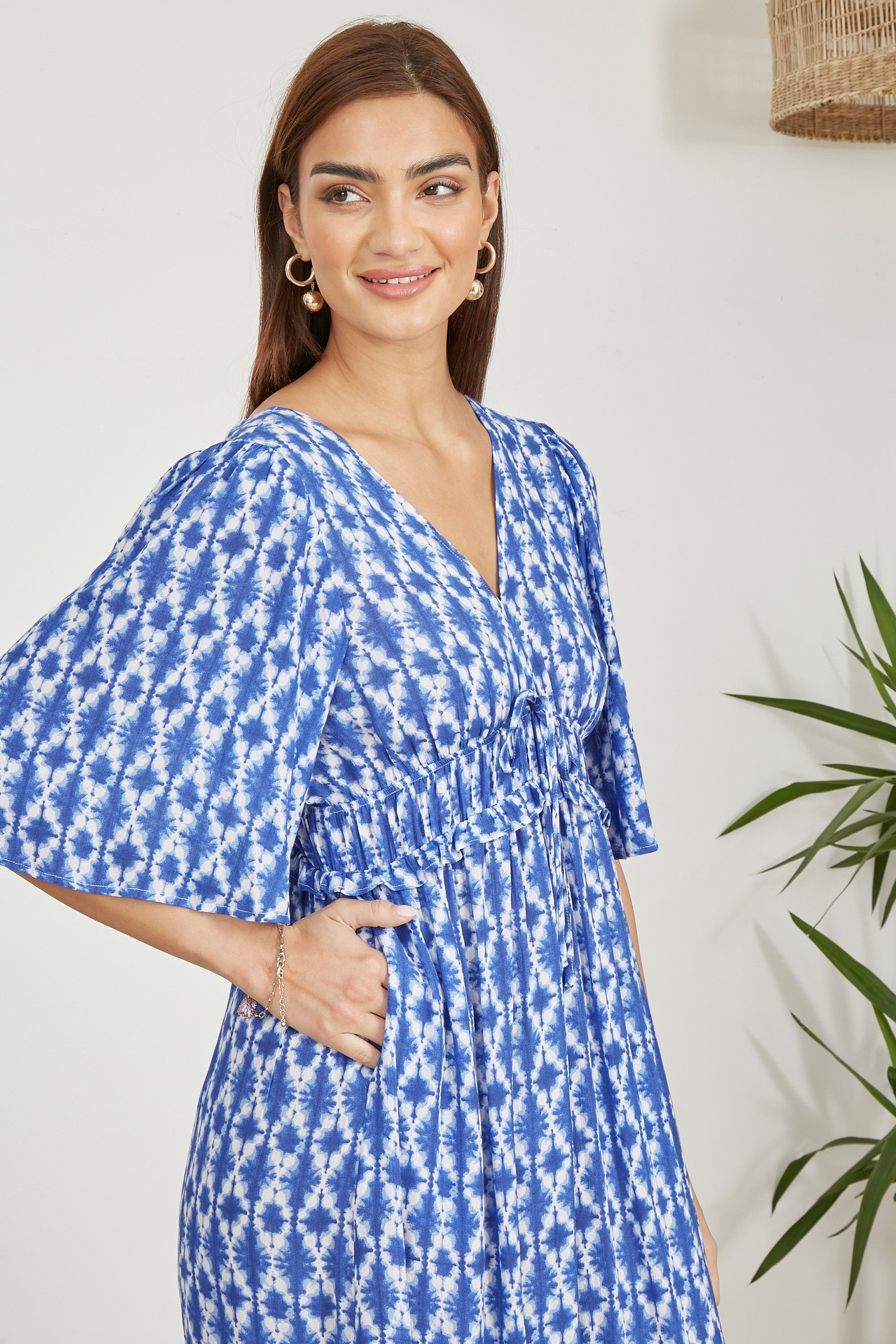 Yumi Blue Aztec Print Maxi Dress With Cross Over Back - QHA UK