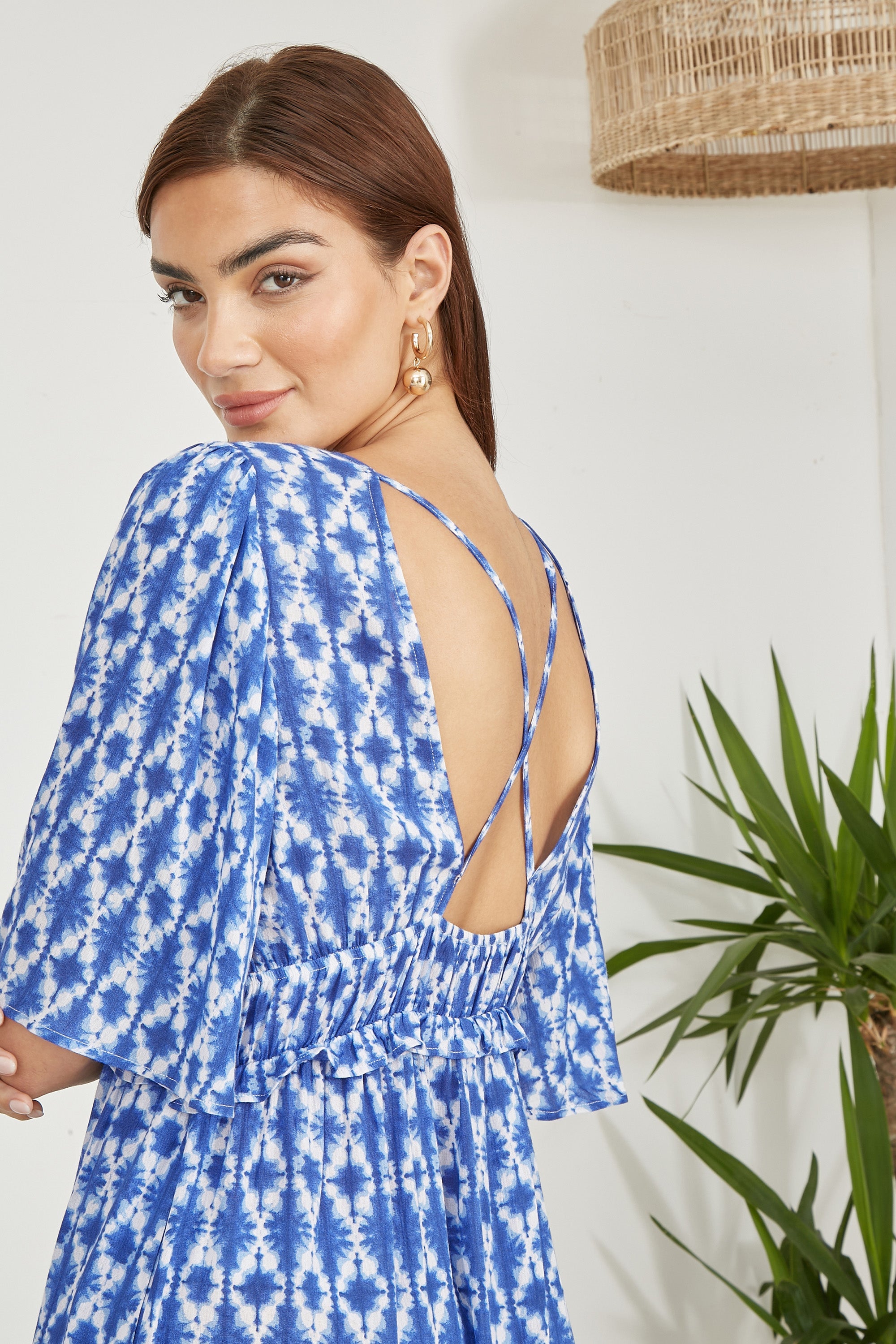 Yumi Blue Aztec Print Maxi Dress With Cross Over Back - QHA UK