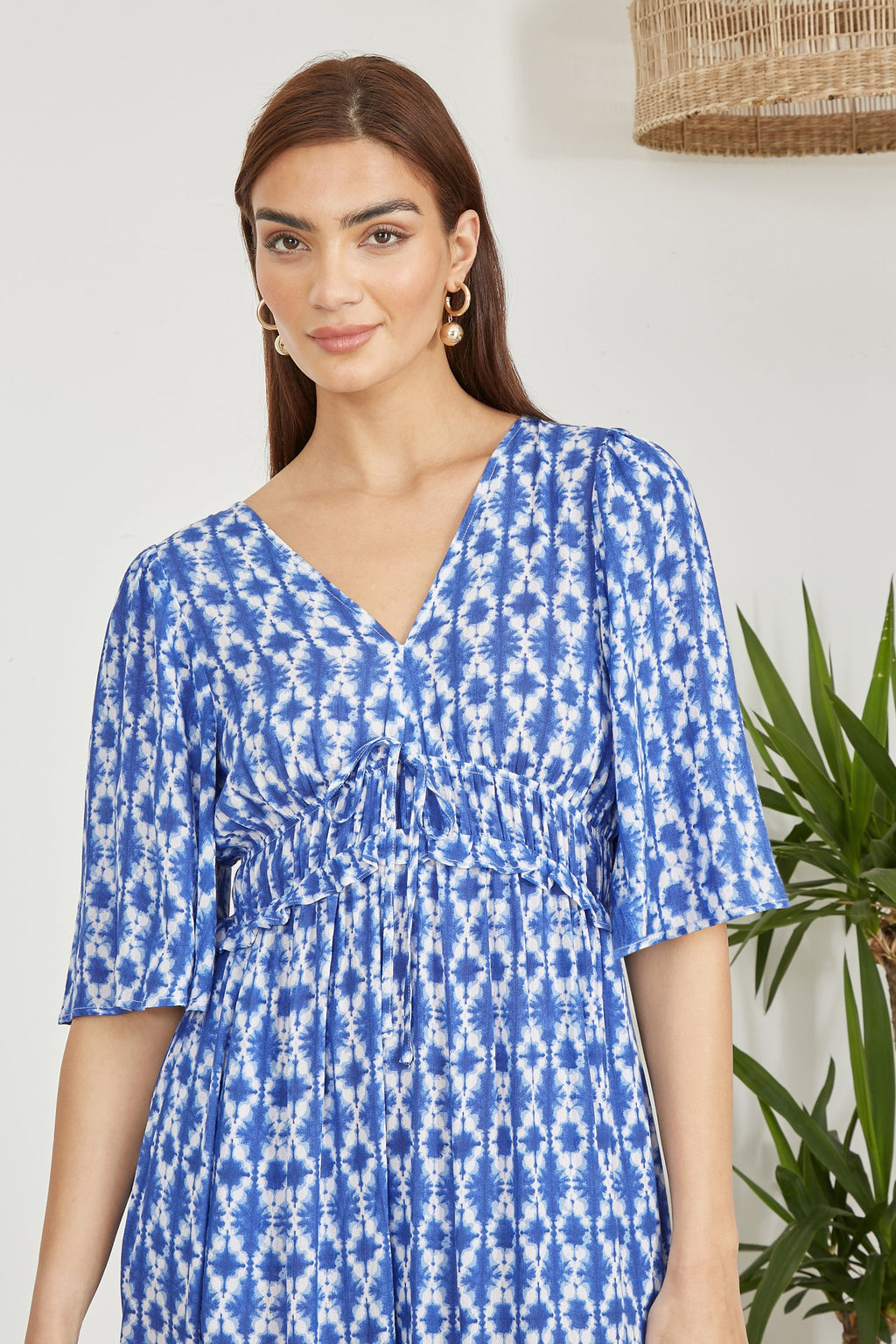 Yumi Blue Aztec Print Maxi Dress With Cross Over Back - QHA UK