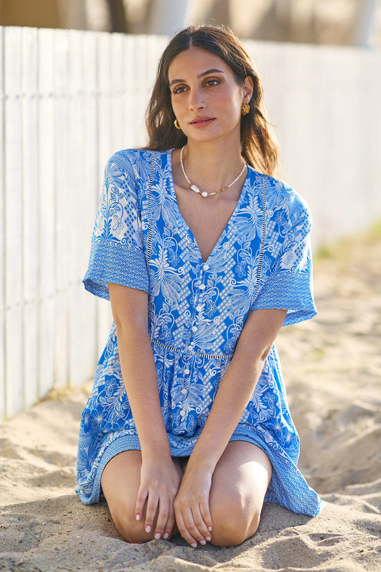 Yumi Blue Viscose Palm Relaxed Tunic - QHA UK