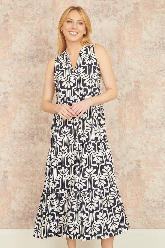 Yumi Navy Retro Print Relaxed Midi Dress - QHA UK