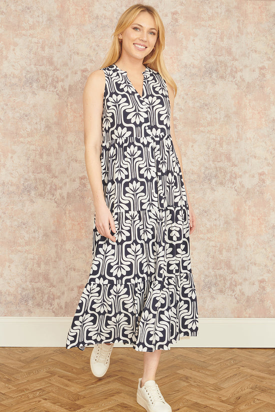 Yumi Navy Retro Print Relaxed Midi Dress - QHA UK