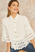 Yumi White Linen Relaxed Shirt With Scallop Trims - QHA UK