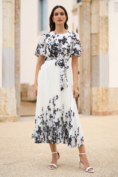 Yumi White Mirror Floral Design Pleated Midi Dress - QHA UK