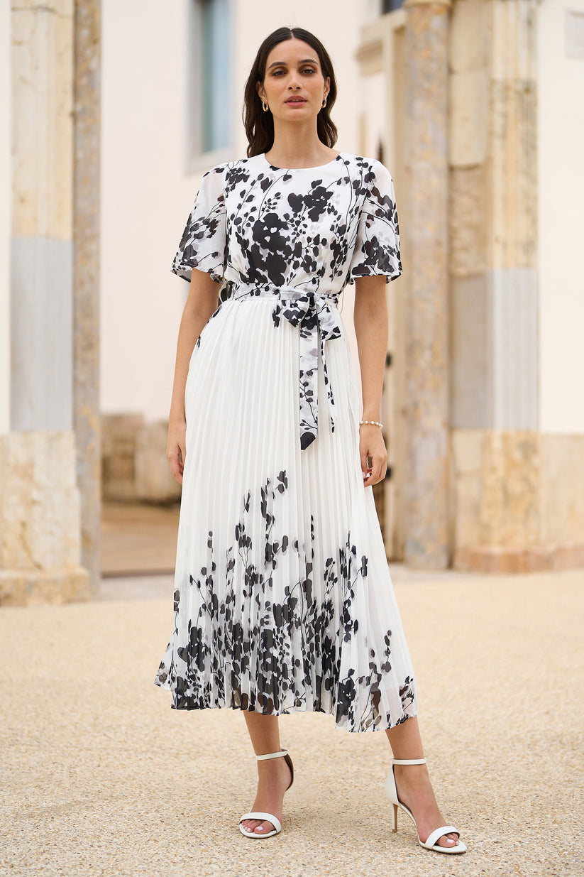 Yumi White Mirror Floral Design Pleated Midi Dress - QHA UK