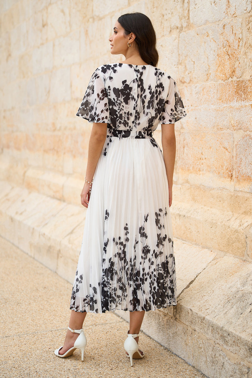Yumi White Mirror Floral Design Pleated Midi Dress - QHA UK