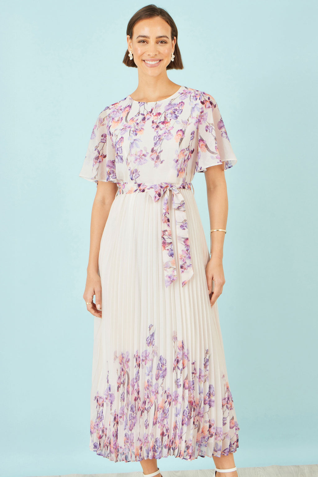 Yumi Ivory Floral Mirror Pleated Midi Dress