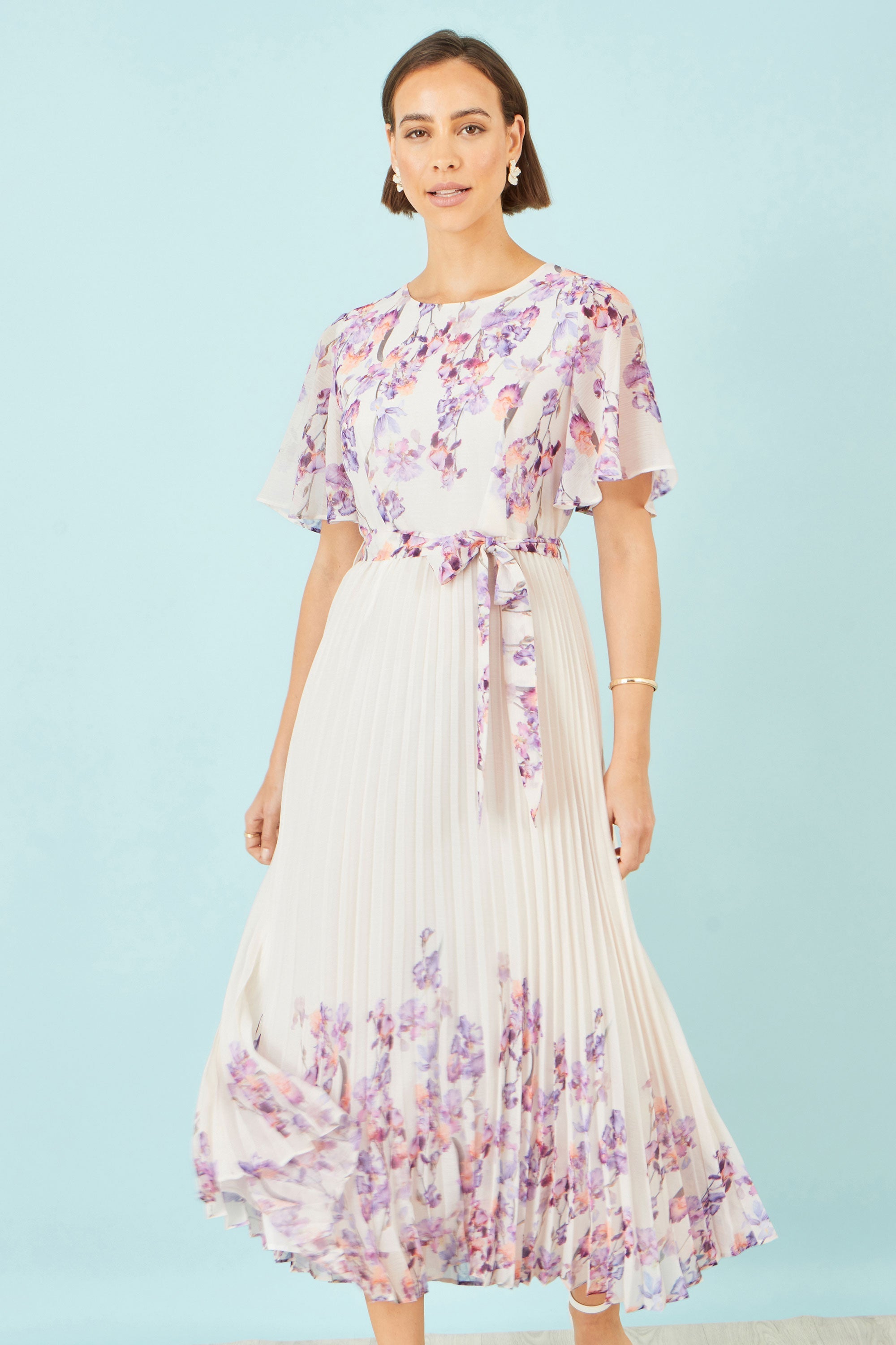 Yumi Ivory Floral Mirror Pleated Midi Dress