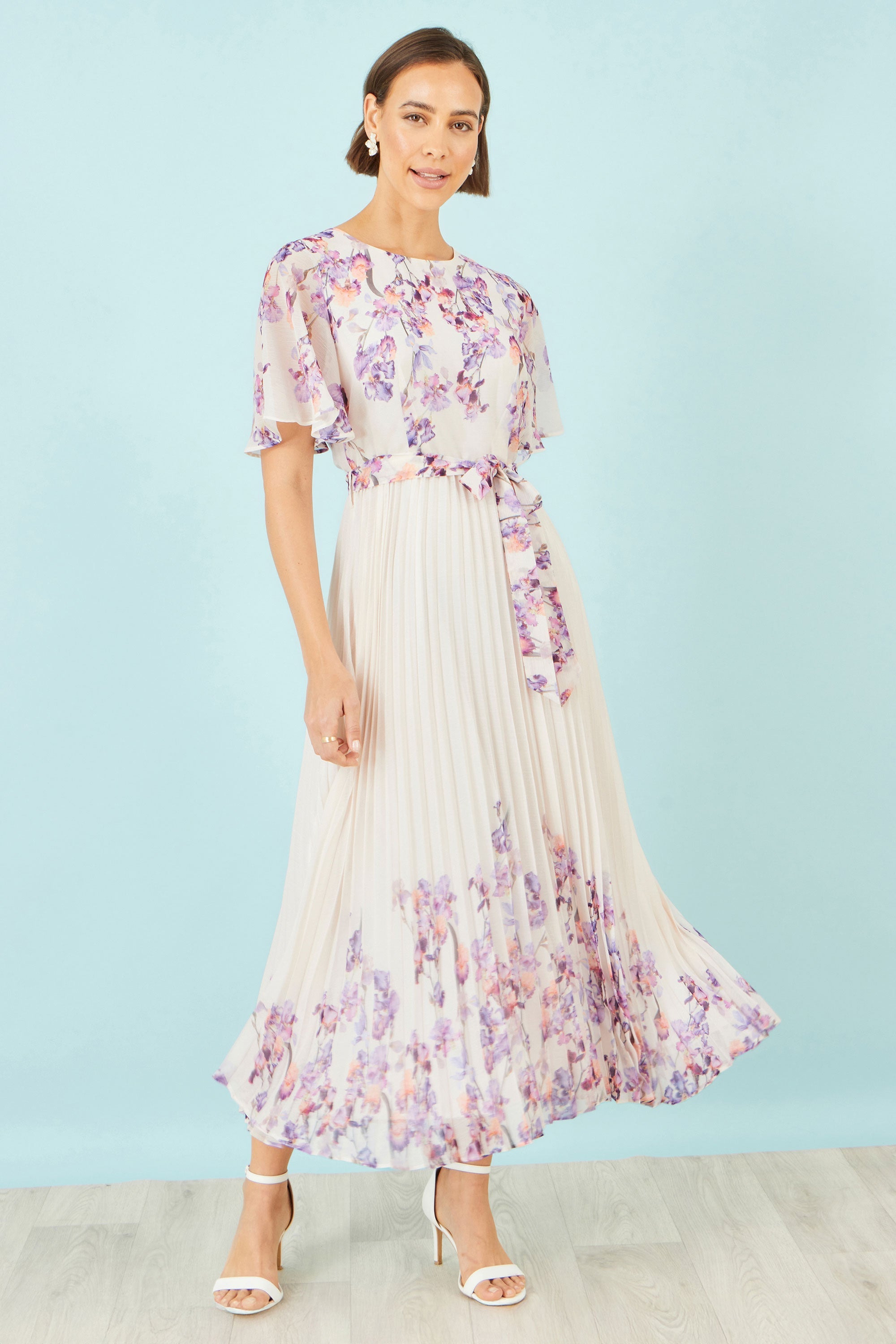 Yumi Ivory Floral Mirror Pleated Midi Dress
