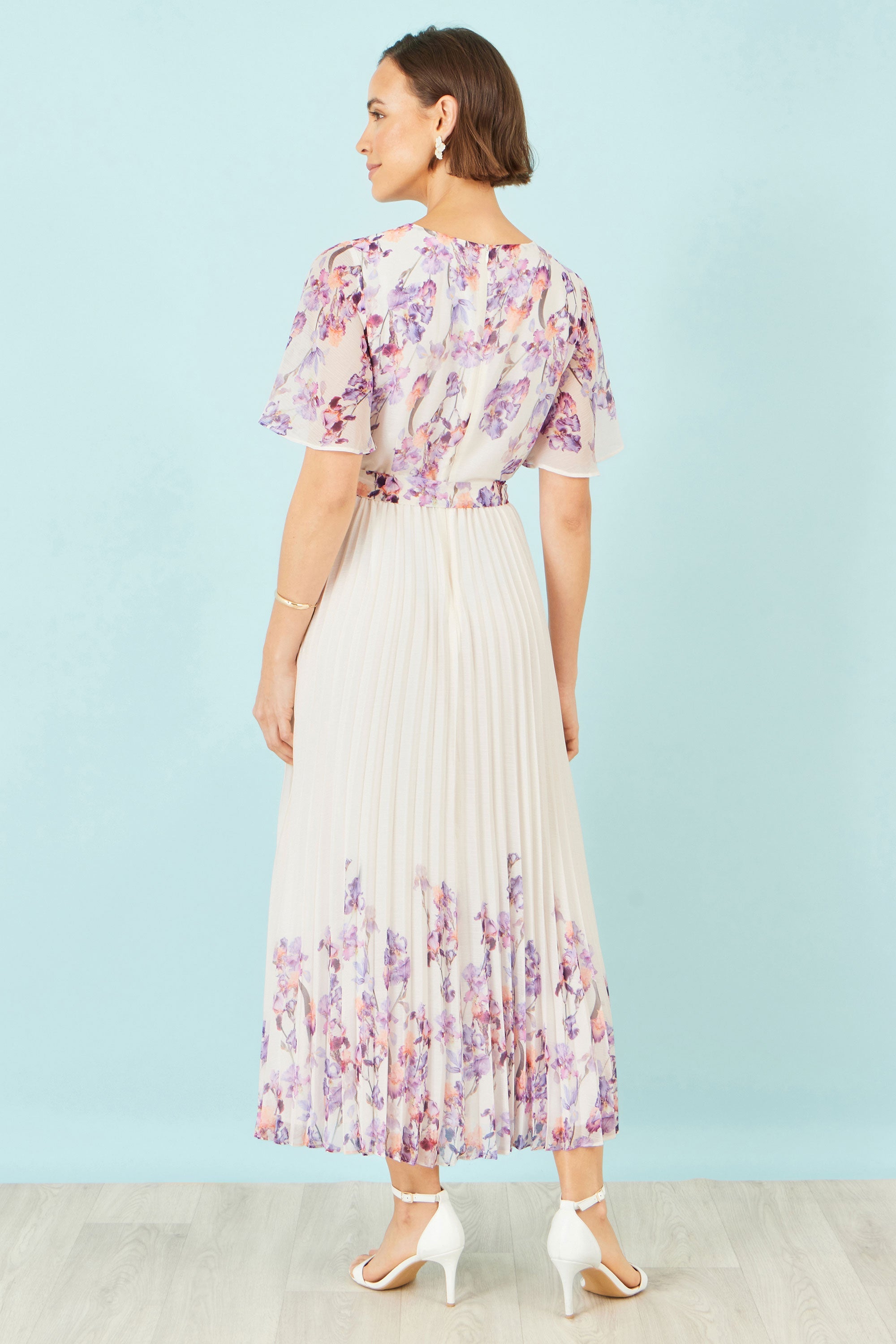 Yumi Ivory Floral Mirror Pleated Midi Dress
