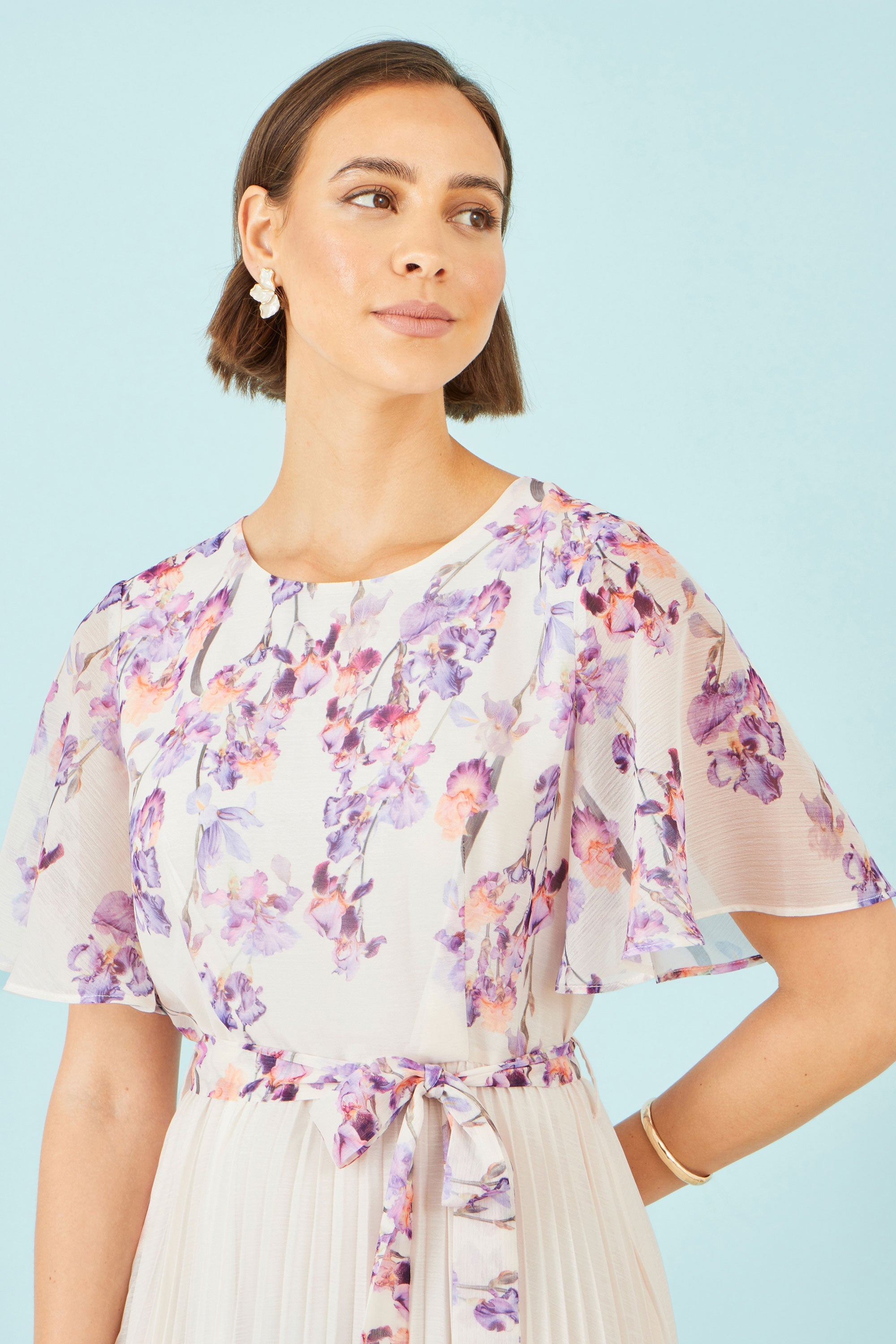 Yumi Ivory Floral Mirror Pleated Midi Dress