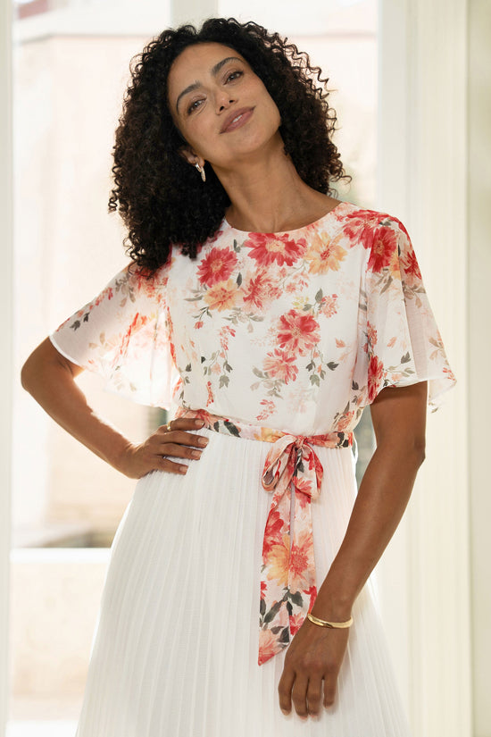 Yumi White Mirror Floral Design Pleated Midi Dress - QHA UK