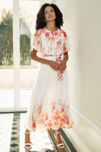 Yumi White Mirror Floral Design Pleated Midi Dress - QHA UK