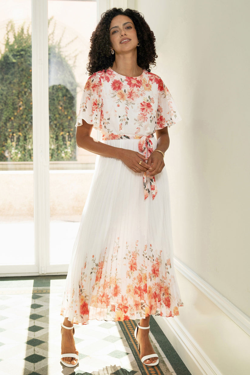 Yumi White Mirror Floral Design Pleated Midi Dress - QHA UK
