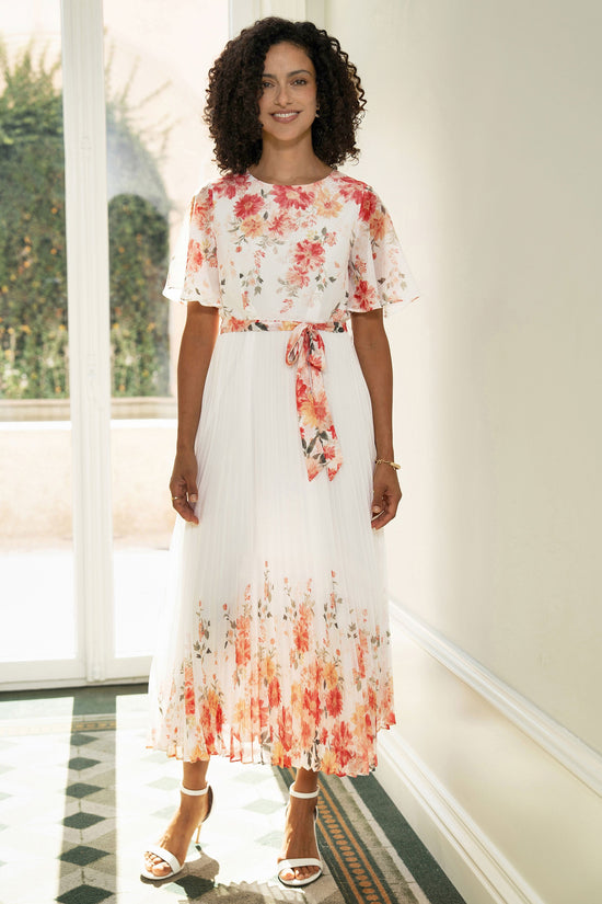 Yumi White Mirror Floral Design Pleated Midi Dress - QHA UK