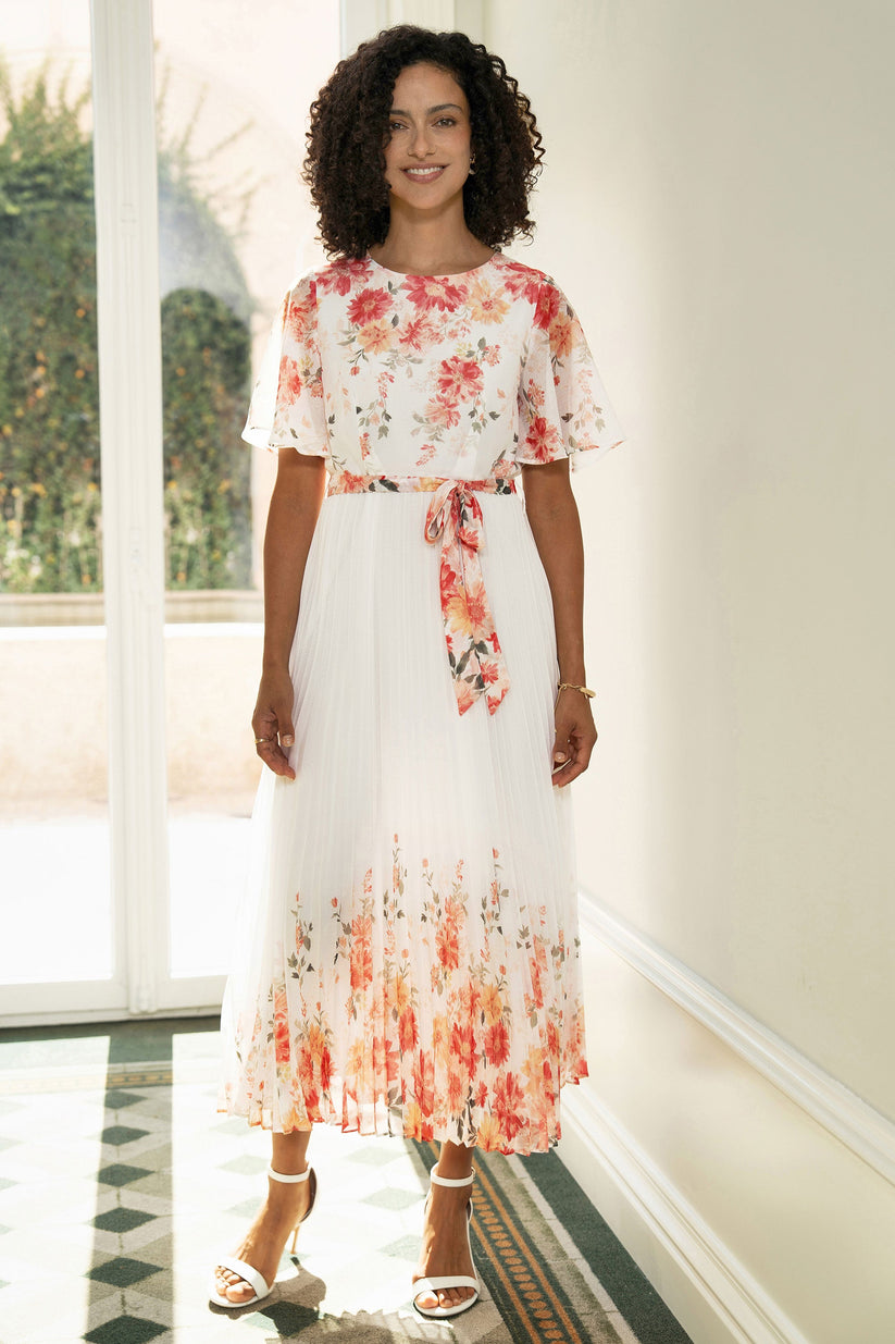 Yumi White Mirror Floral Design Pleated Midi Dress - QHA UK