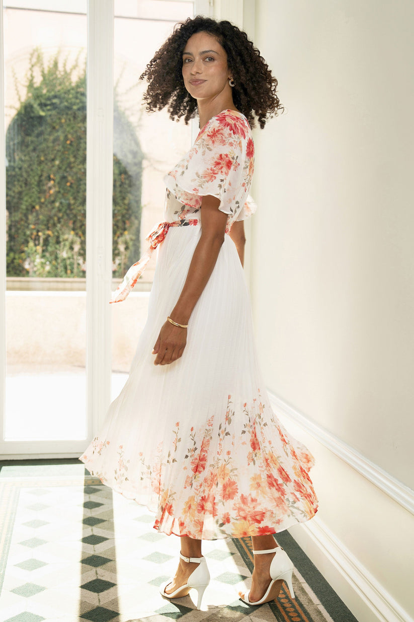Yumi White Mirror Floral Design Pleated Midi Dress - QHA UK