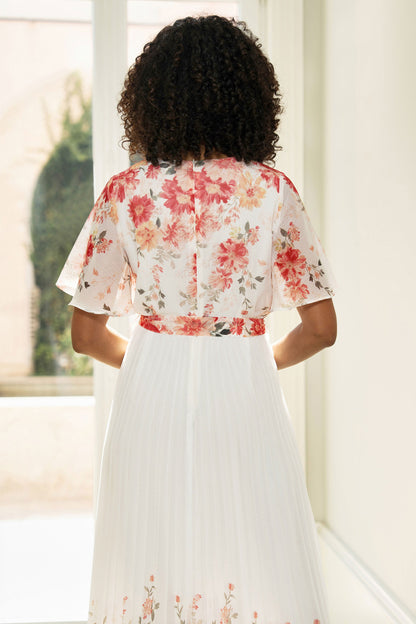 Yumi White Mirror Floral Design Pleated Midi Dress - QHA UK