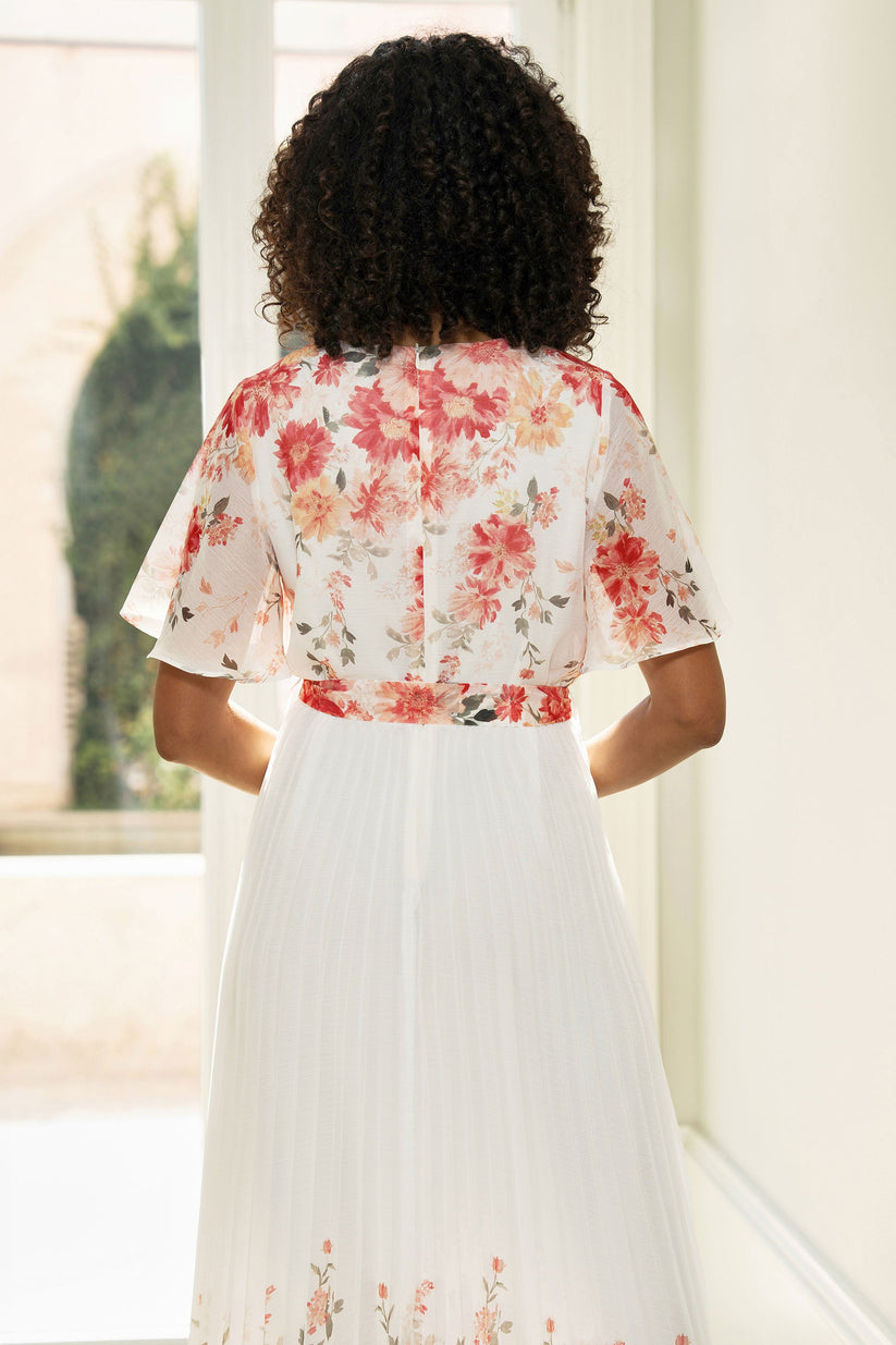 Yumi White Mirror Floral Design Pleated Midi Dress - QHA UK