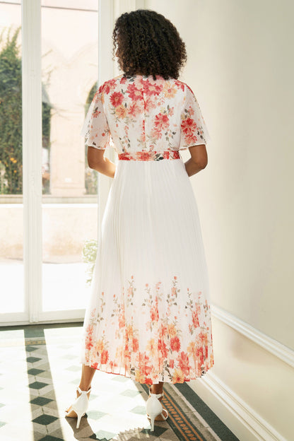 Yumi White Mirror Floral Design Pleated Midi Dress - QHA UK