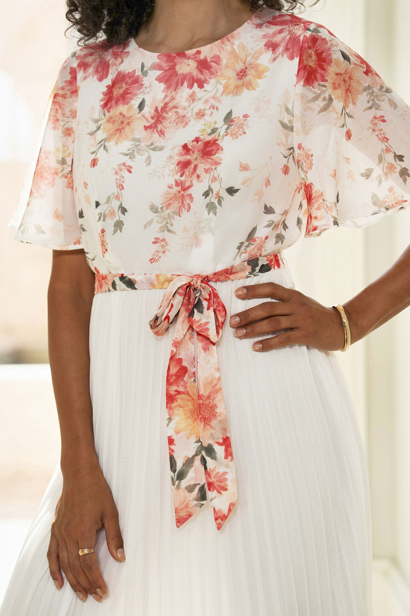 Yumi White Mirror Floral Design Pleated Midi Dress - QHA UK