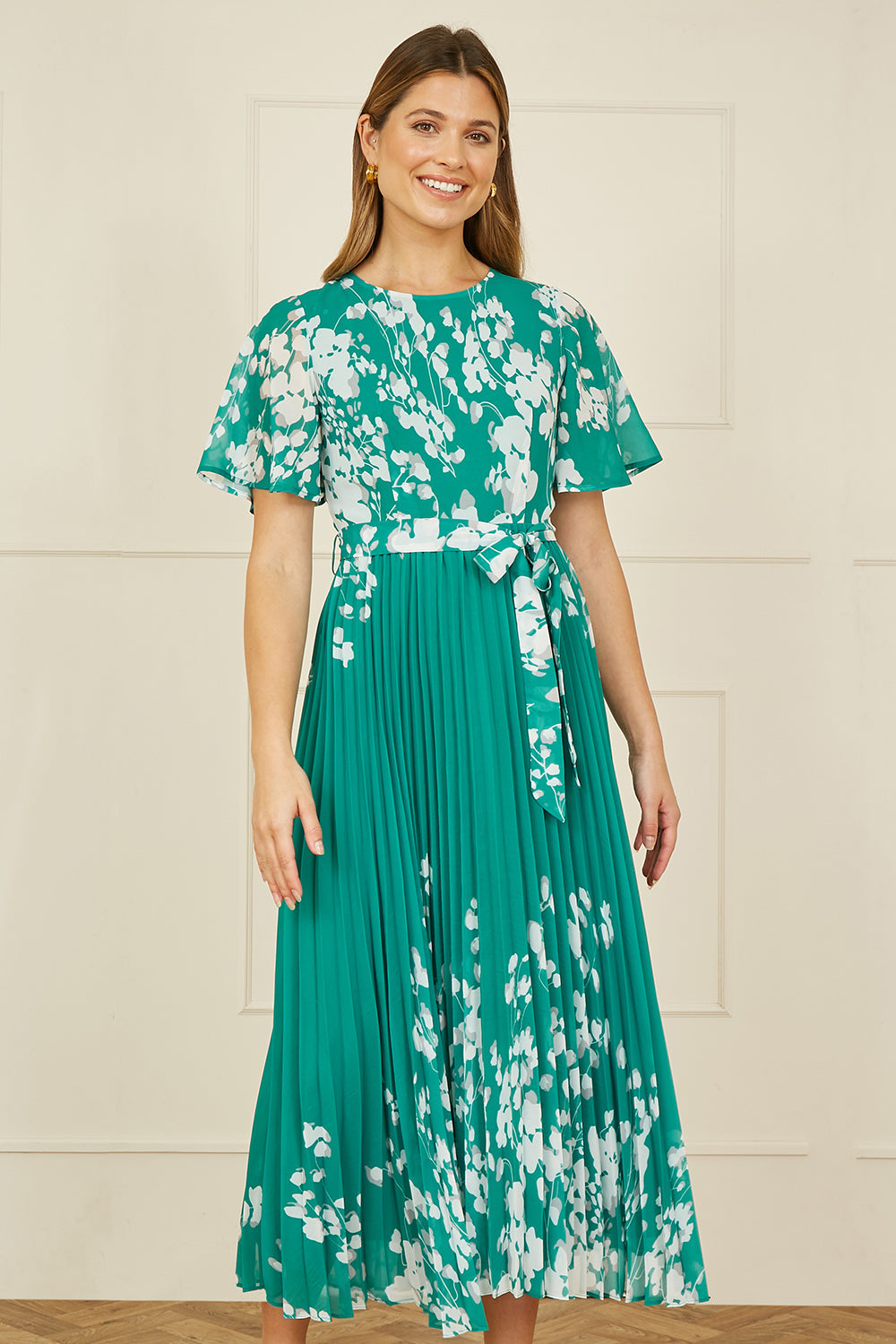 Yumi Green Mirror Floral Design Pleated Midi Dress - QHA UK