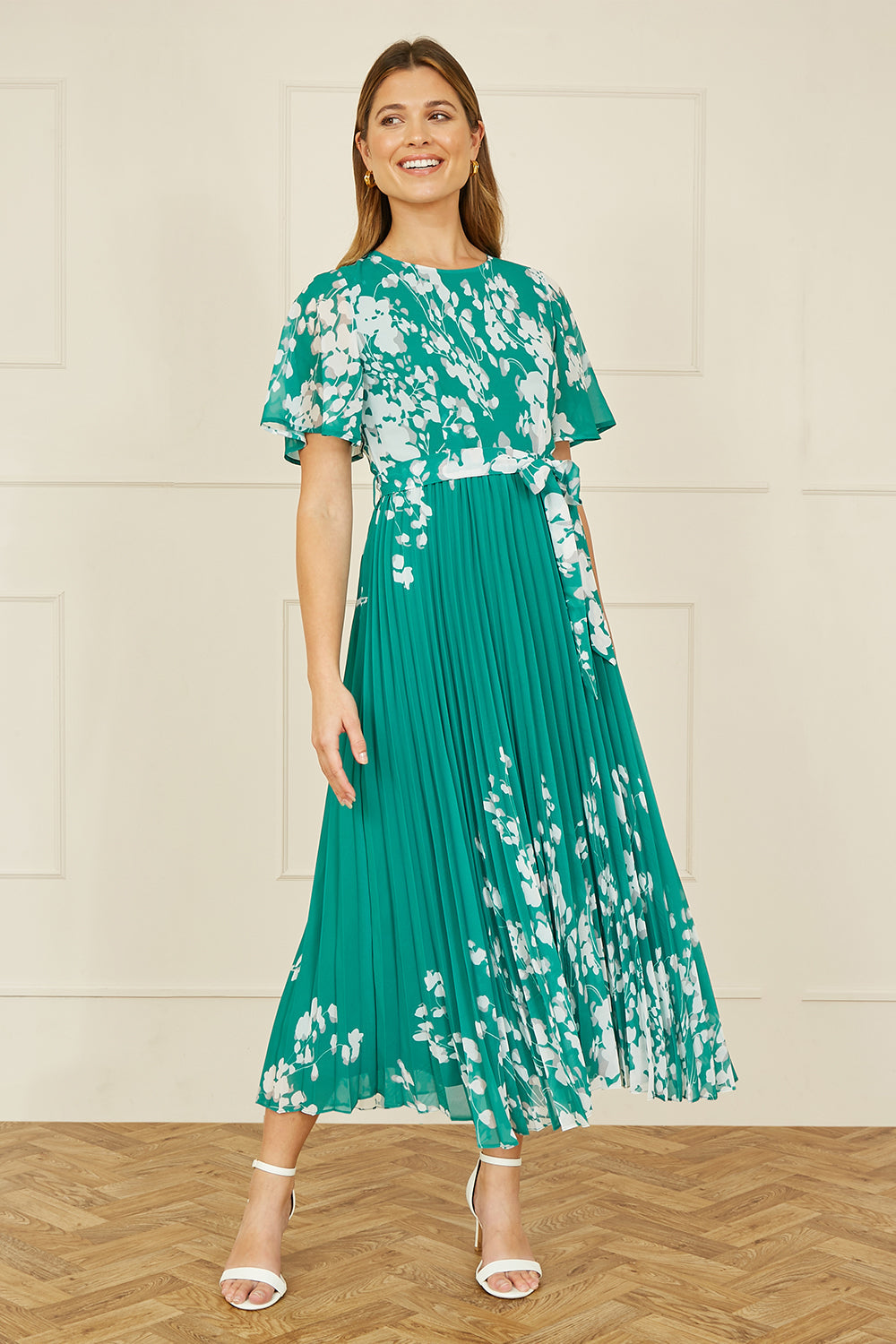 Yumi Green Mirror Floral Design Pleated Midi Dress - QHA UK