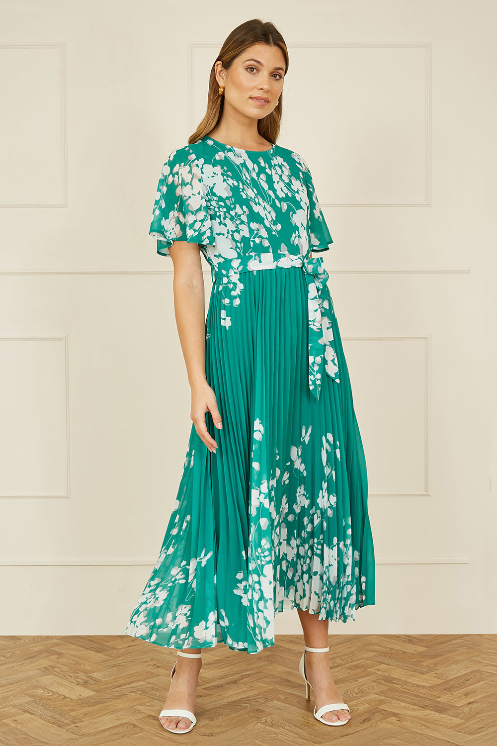 Yumi Green Mirror Floral Design Pleated Midi Dress - QHA UK