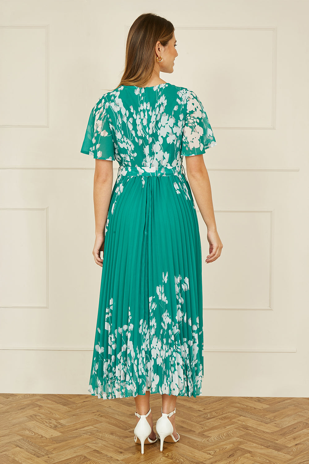 Yumi Green Mirror Floral Design Pleated Midi Dress - QHA UK