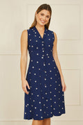 Yumi Navy Daisy Print Embroidered Sleeveless Shirt Dress - QHA UK