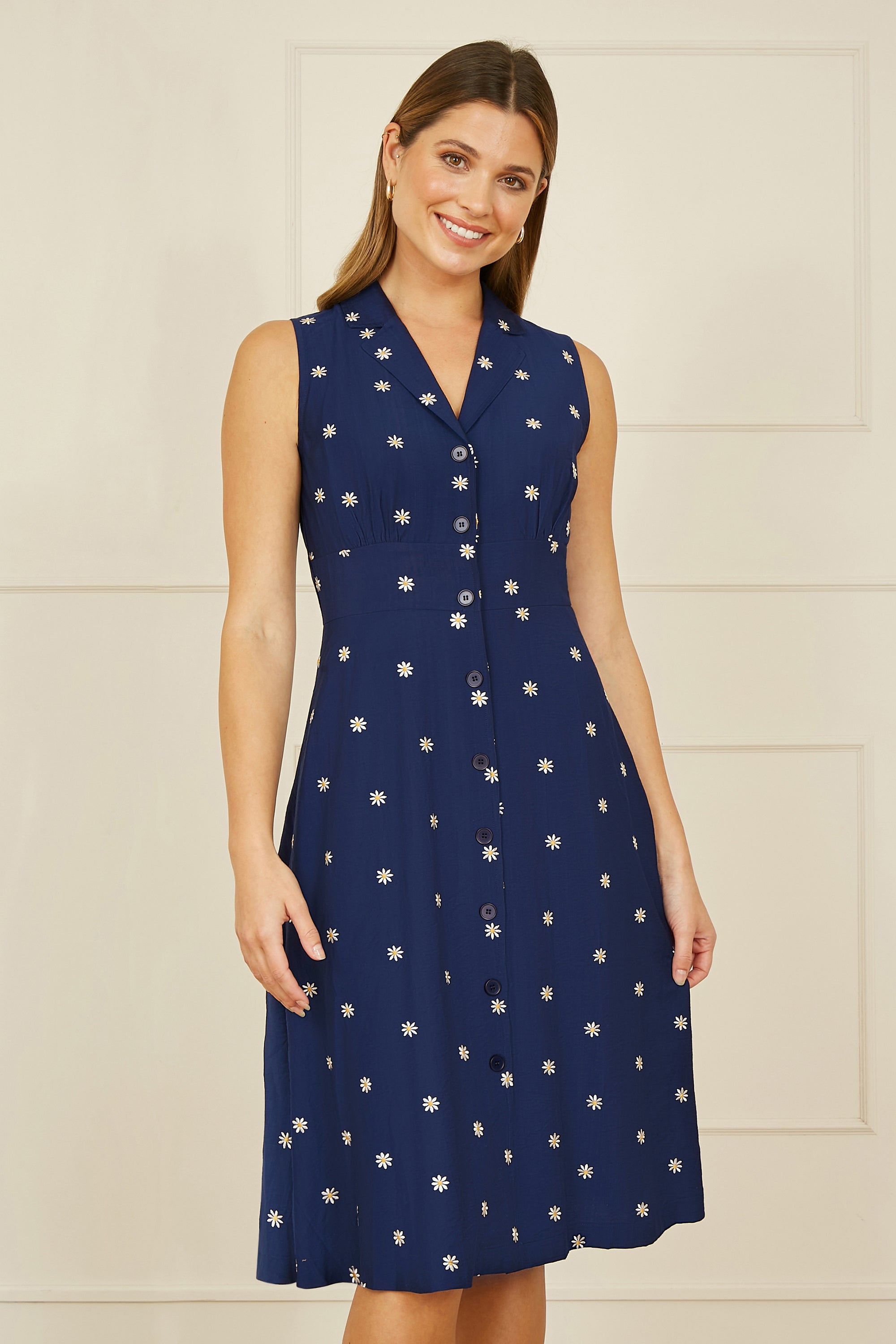 Yumi Navy Daisy Print Embroidered Sleeveless Shirt Dress - QHA UK