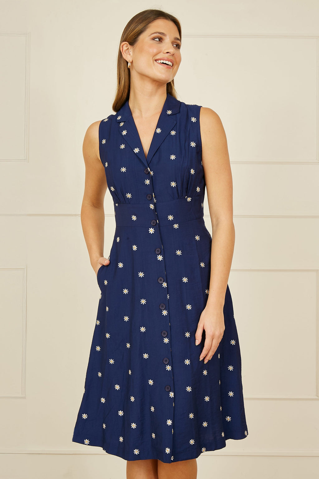 Yumi Navy Daisy Print Embroidered Sleeveless Shirt Dress - QHA UK