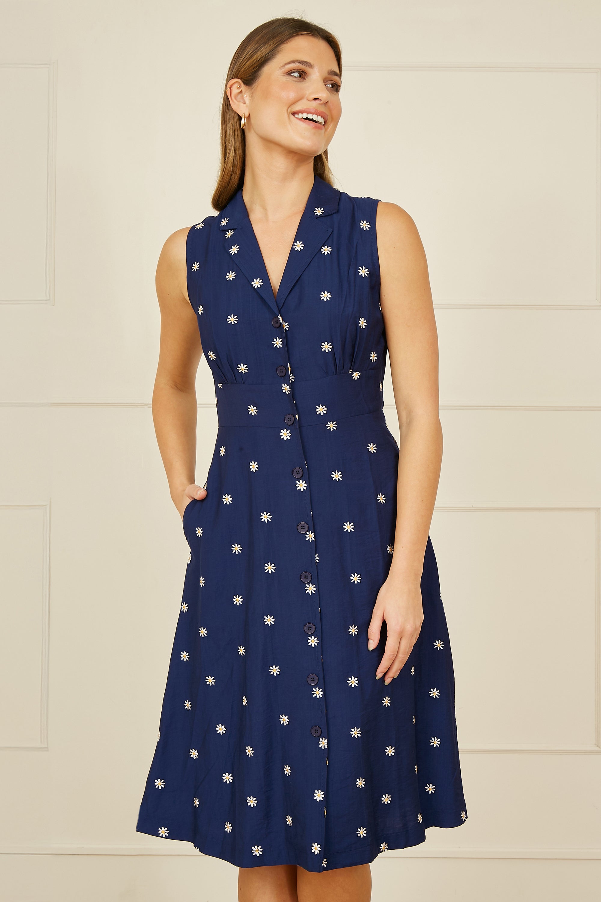 Yumi Navy Daisy Print Embroidered Sleeveless Shirt Dress - QHA UK