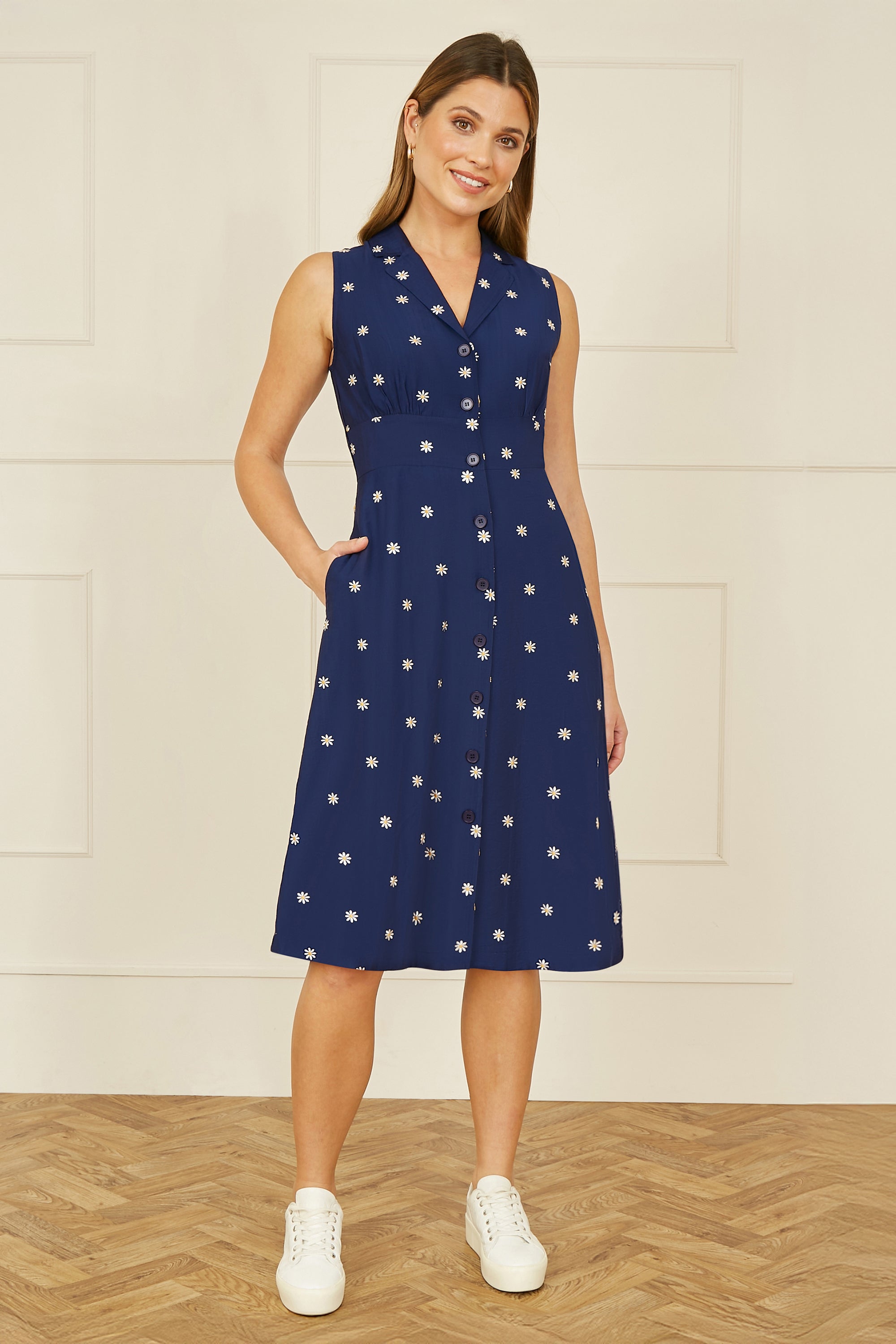 Yumi Navy Daisy Print Embroidered Sleeveless Shirt Dress - QHA UK
