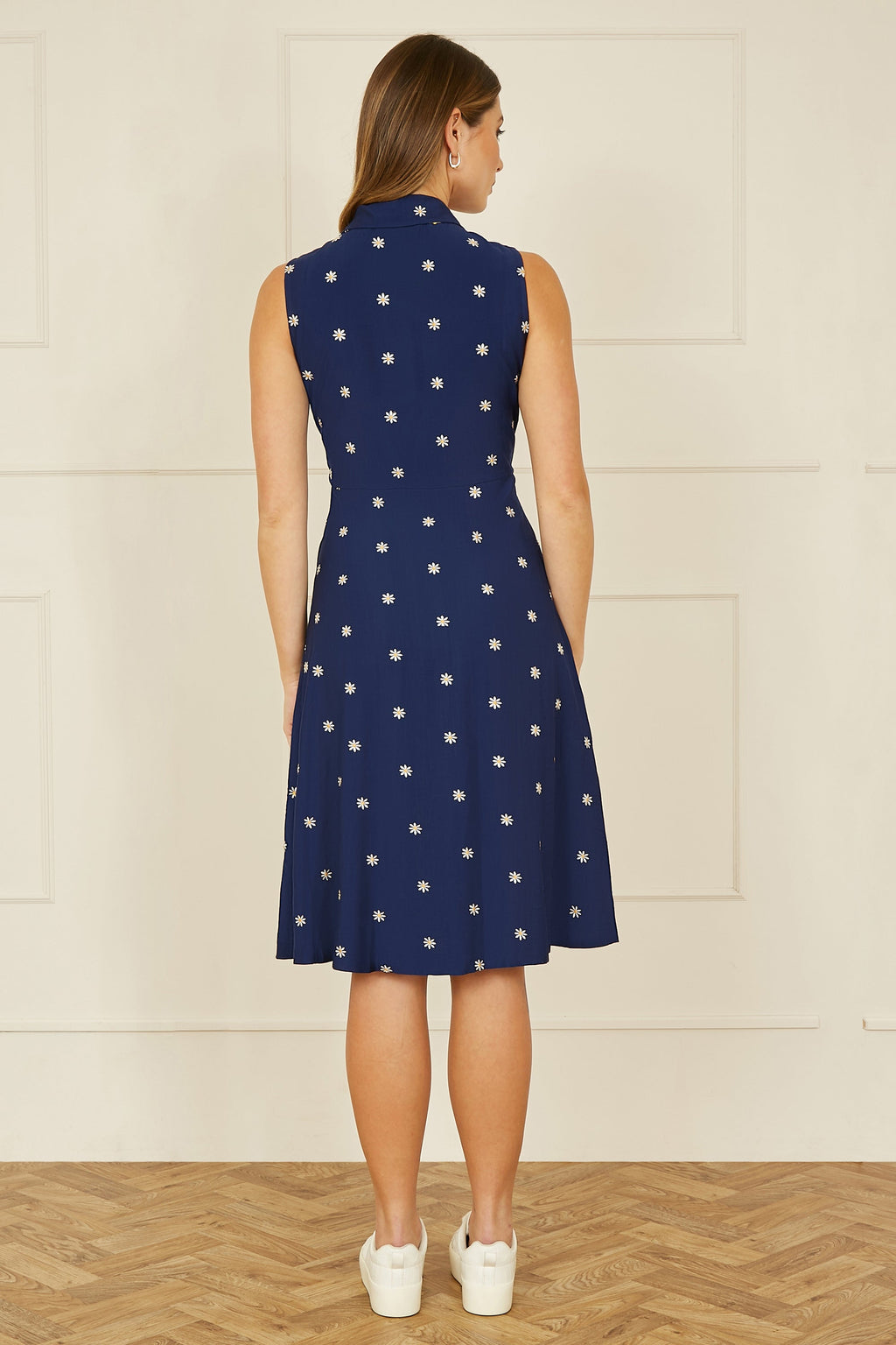 Yumi Navy Daisy Print Embroidered Sleeveless Shirt Dress - QHA UK