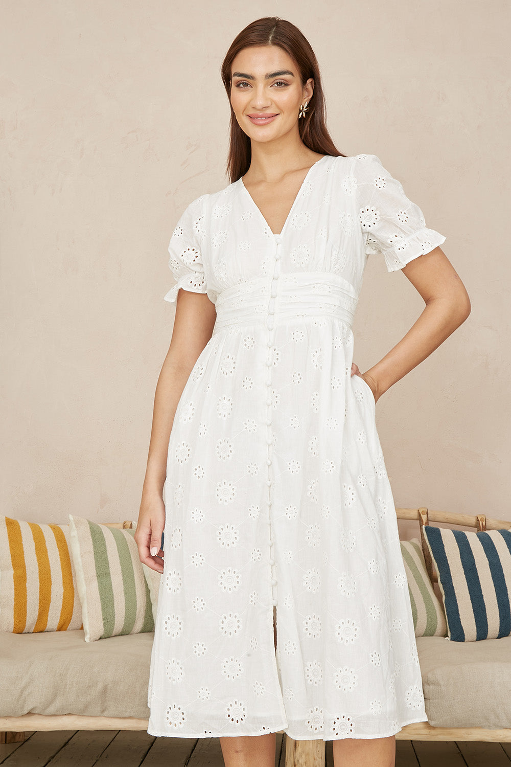 Yumi White Cotton Broderie Anglaise Midi Button Up Dress - QHA UK