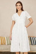 Yumi White Cotton Broderie Anglaise Midi Button Up Dress - QHA UK