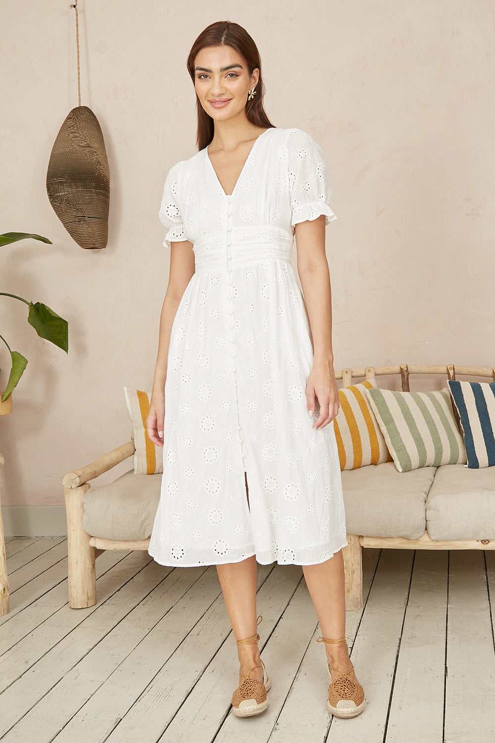 Yumi White Cotton Broderie Anglaise Midi Button Up Dress - QHA UK