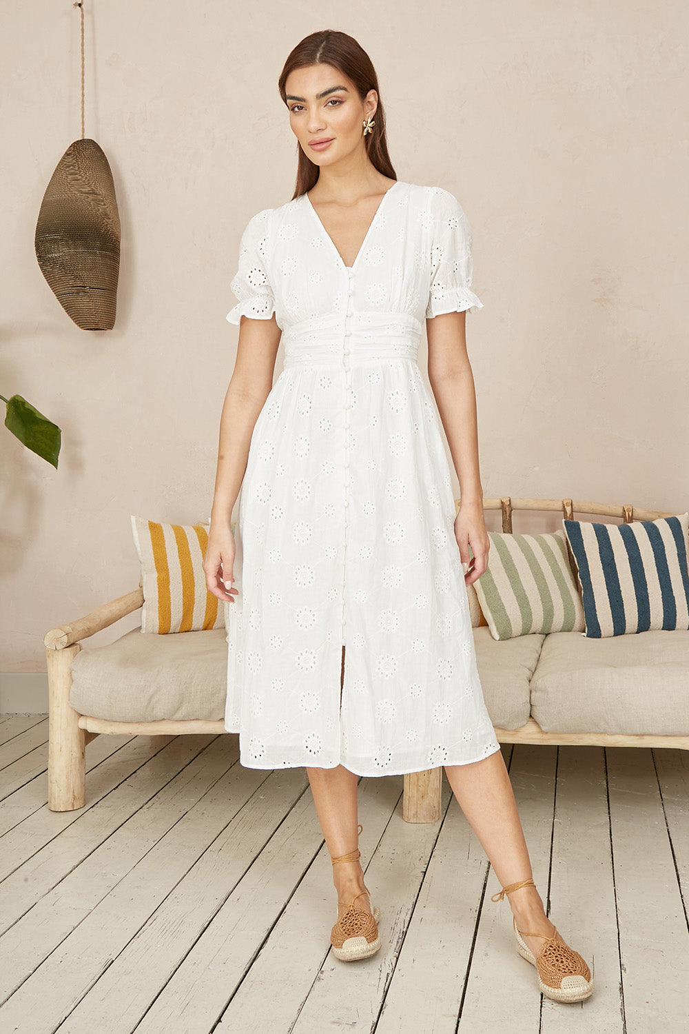 Yumi White Cotton Broderie Anglaise Midi Button Up Dress - QHA UK